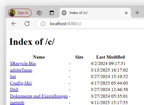 The index of the c drive using a custom handler